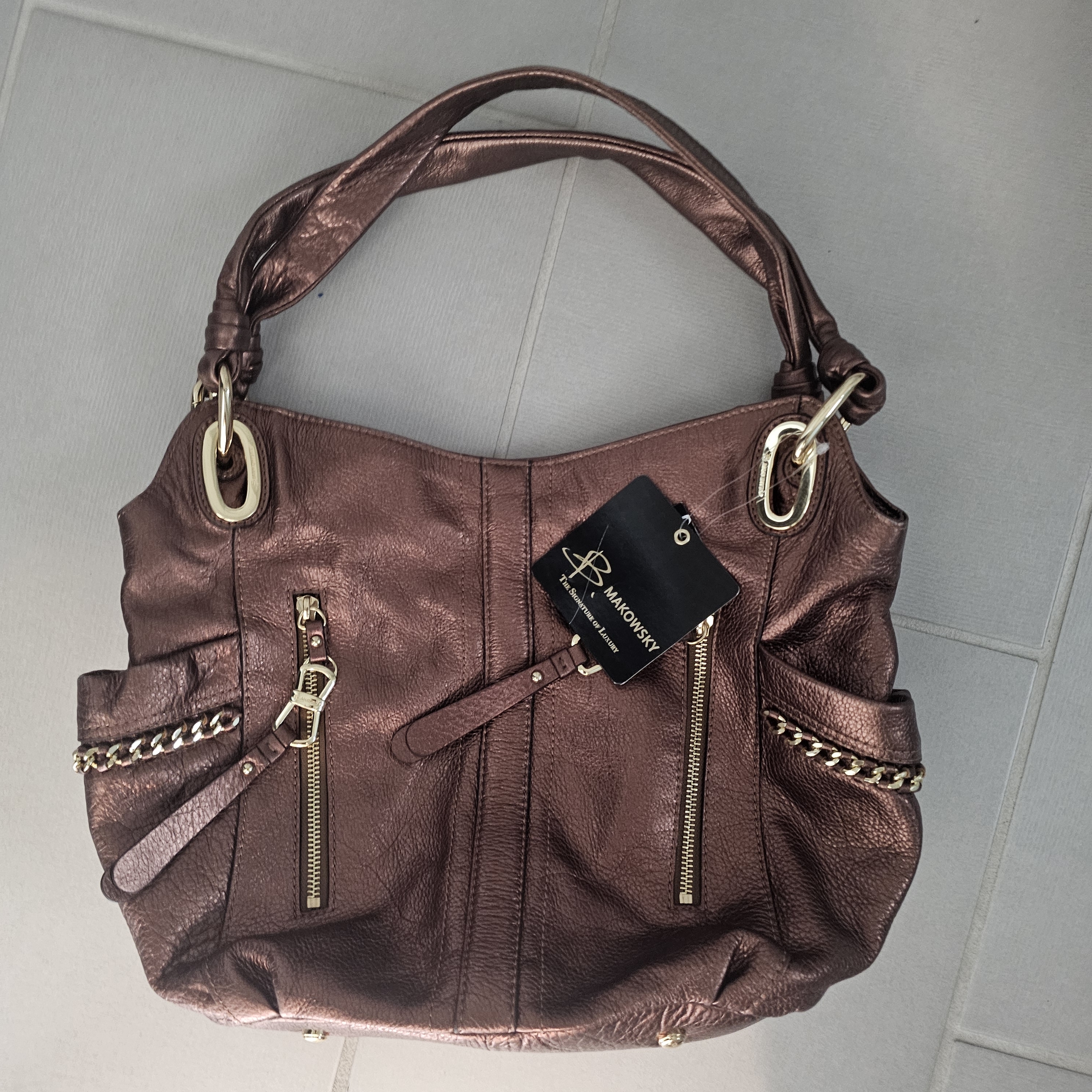 B. Makowsky Metallic Brown Shoulder Bag With Gold Accents